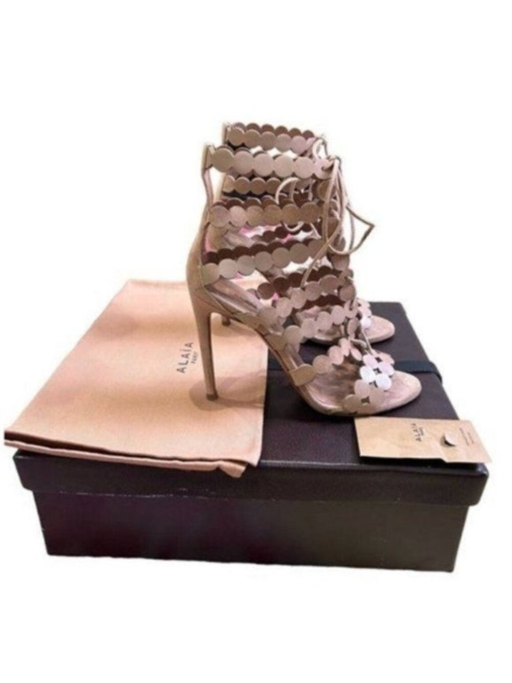 Alaïa Laser-Cut Suede Gladiator Heels - Pale Pink (Size 37.5)